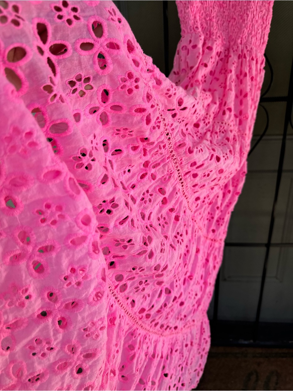 FLOWERS BY ZOE maxi dress in pink coral hot pink eyelet smocked size L - Picture 9 of 10